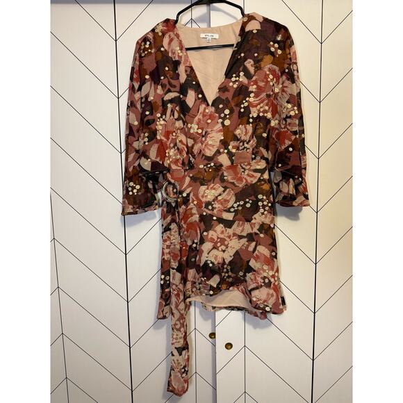 BTFL-Life Women’s XS Pink Gold Floral Plunging Short Sleeve Wrap Mini Dress - Picture 1 of 10